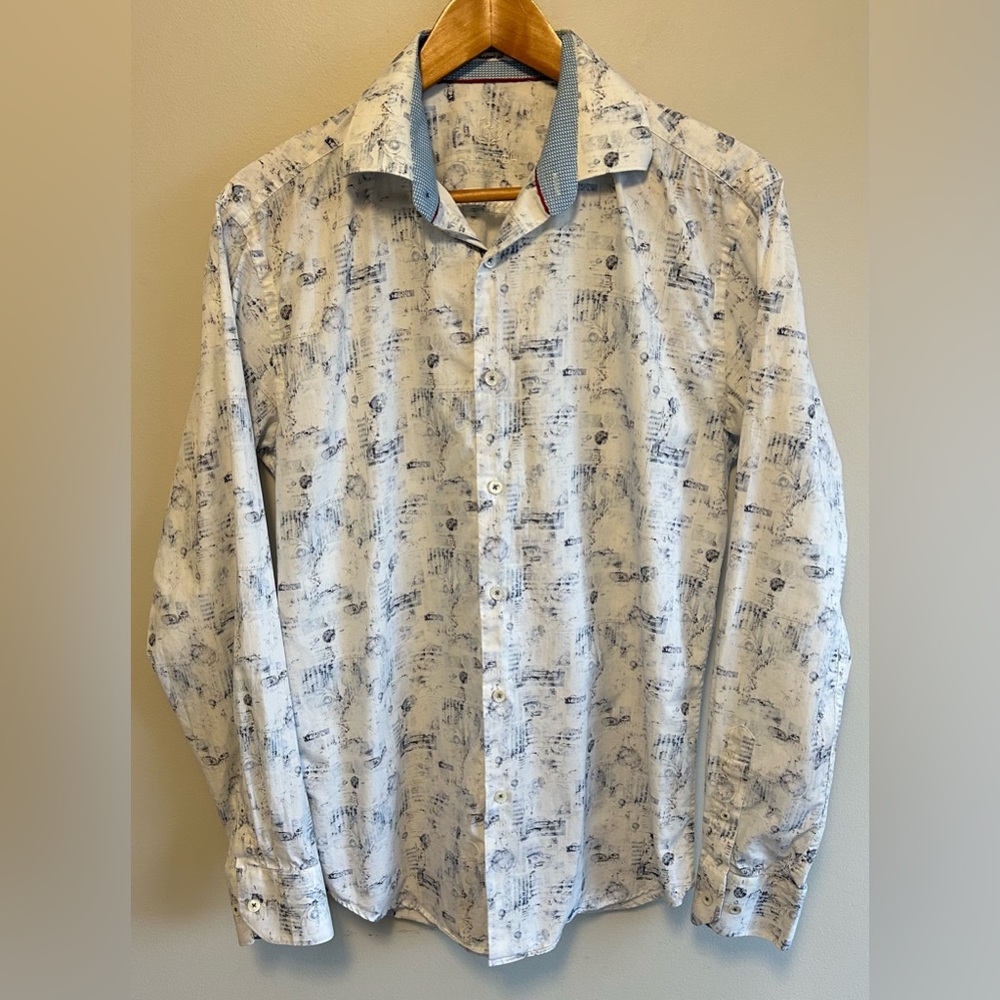 Bugatchi Uomo Shirt Mens Shaped Fit White Abstract Long Sleeve Button Up Dress